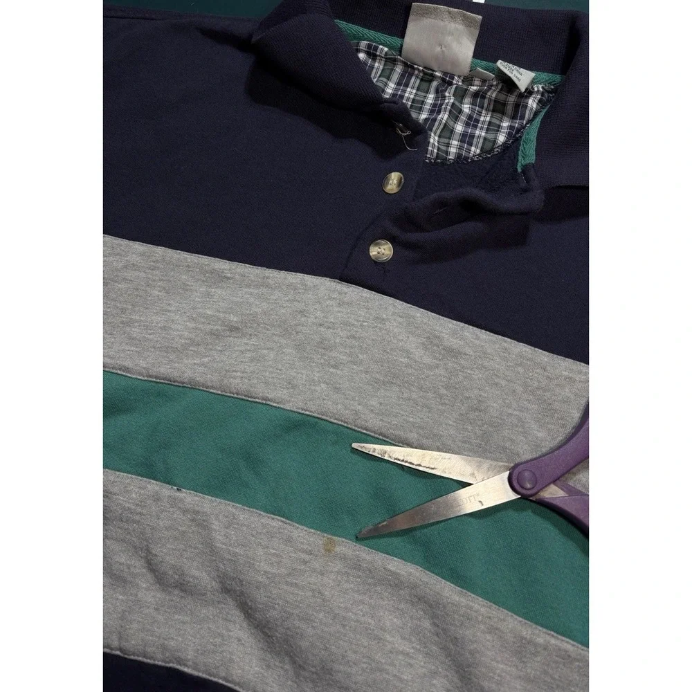 Vintage Rugby Sweater Men Large Striped Pullover 90s Retro Gray Navy Color Block